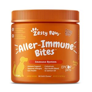 Zesty Paws Allergy Immune Supplement for Dogs - with Omega 3 Salmon Fish Oil & EpiCor Pets + Probiotics for Seasonal Allergies - Peanut Butter