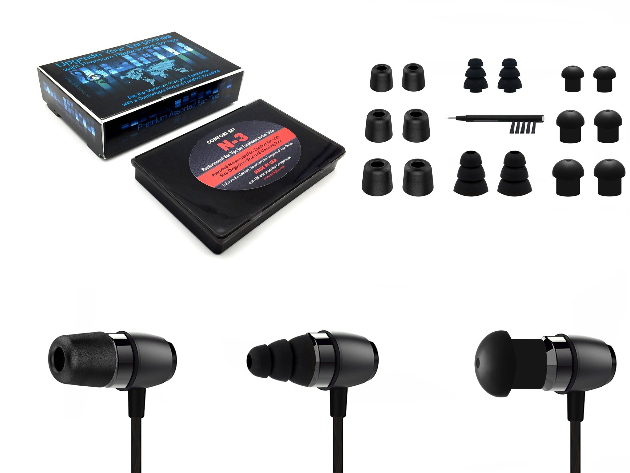 NICKSTON N-3 Assorted Replacement Set Ear Tips Adapters Gels Buds with Box Organizer and Cleaning Tool Compatible with In Ear Earphones Headphones