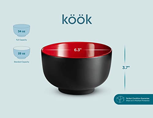 KooK Ceramic Japanese Noodle Bowl Set, Large Capacity, For Ramen, Udon, Soba, Pho and Soup, Microwave and Dishwasher Safe, 34 oz, Set of 4 (Black/Red)