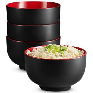 kook ceramic japanese noodle bowl set, large capacity, for ramen, udon, soba, pho and soup, microwave and dishwasher safe, 34 oz, set of 4 (black/red)
