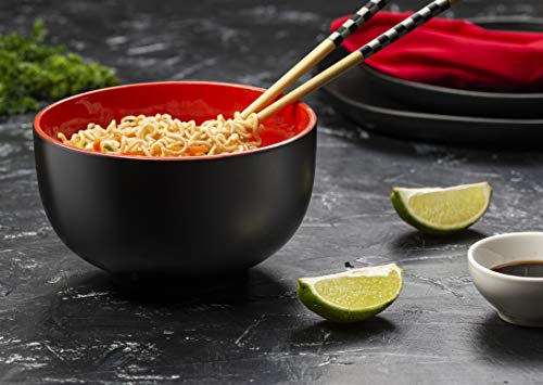 KooK Ceramic Japanese Noodle Bowl Set, Large Capacity, For Ramen, Udon, Soba, Pho and Soup, Microwave and Dishwasher Safe, 34 oz, Set of 4 (Black/Red)