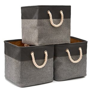 ezoware large canvas fabric storage basket bins set of 3, foldable cubes boxes with handles 13 x 13 x 13 inch for kids baby nursery room toys clothes organizer - black and gray