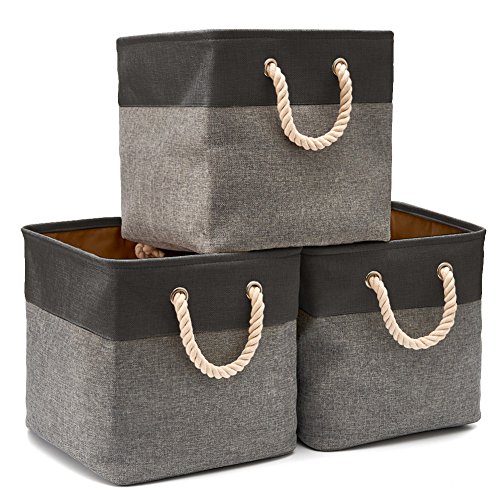 EZOWare Large Canvas Fabric Storage Basket Bins Set of 3, Foldable Cubes Boxes with Handles 13 x 13 x 13 inch for Kids Baby Nursery Room Toys Clothes Organizer - Black and Gray