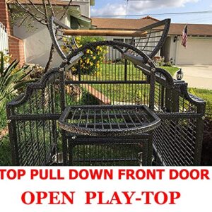 New Large Elegant Wrought Iron Dome Play Top Bird Parrot Cage, Include Metal Seed Guard Solid Metal Feeder Nest Doors (24" W x 22" D x 63" H, Black Vein)