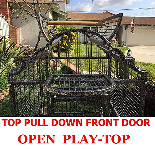 New Large Elegant Wrought Iron Dome Play Top Bird Parrot Cage, Include Metal Seed Guard Solid Metal Feeder Nest Doors (24" W x 22" D x 63" H, Black Vein)