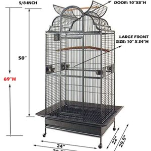 New Large Elegant Wrought Iron Dome Play Top Bird Parrot Cage, Include Metal Seed Guard Solid Metal Feeder Nest Doors (24" W x 22" D x 63" H, Black Vein)