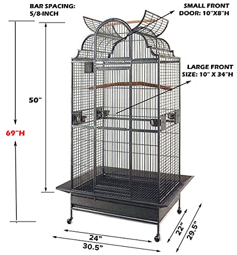 New Large Elegant Wrought Iron Dome Play Top Bird Parrot Cage, Include Metal Seed Guard Solid Metal Feeder Nest Doors (24" W x 22" D x 63" H, Black Vein)