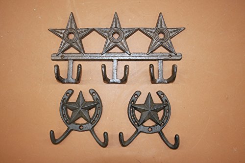 Texas Bath Decor Lone Star Towel Hooks Horseshoe Wall Hooks Solid Cast Iron, 12 inch Wide, W-72, Bundle 3 Items