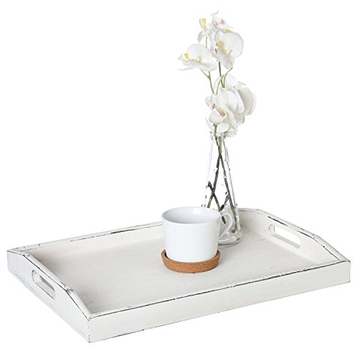 MyGift Rustic Vintage White Wood Serving Tray with Handles, Farmhouse Ottoman Coffee Tray, 16 x 12 Inches