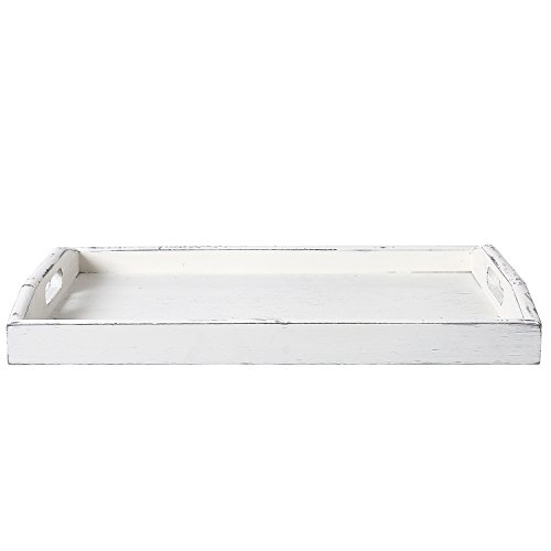 MyGift Rustic Vintage White Wood Serving Tray with Handles, Farmhouse Ottoman Coffee Tray, 16 x 12 Inches