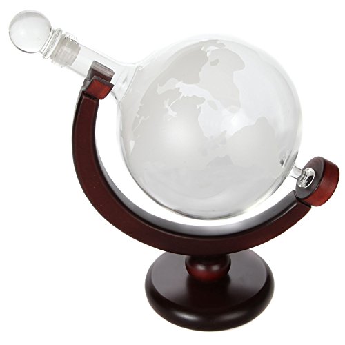 Lily's Home World Globe Whiskey Decanter with Dark Finished Wood Stand, Bar Funnel, and 2 Matching Glasses (850 ml)