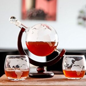 Lily's Home World Globe Whiskey Decanter with Dark Finished Wood Stand, Bar Funnel, and 2 Matching Glasses (850 ml)