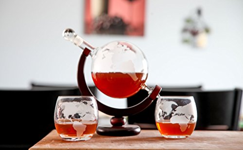 Lily's Home World Globe Whiskey Decanter with Dark Finished Wood Stand, Bar Funnel, and 2 Matching Glasses (850 ml)