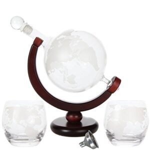 Lily's Home World Globe Whiskey Decanter with Dark Finished Wood Stand, Bar Funnel, and 2 Matching Glasses (850 ml)