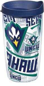 tervis unc wilmington seahawks all over insulated tumbler with wrap and navy lid, 16oz, clear