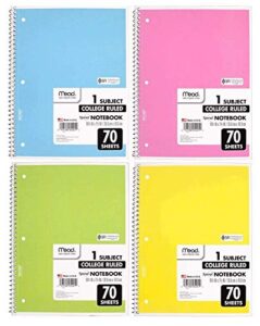 mead spiral notebook 4 pack of 1-subject college ruled, pastel color color will vary, spiral bound notebooks, cute school notebooks 70 pages