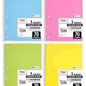 Mead Spiral Notebook 4 Pack of 1-Subject College Ruled, Pastel Color COLOR WILL VARY, Spiral Bound Notebooks, Cute school Notebooks 70 Pages