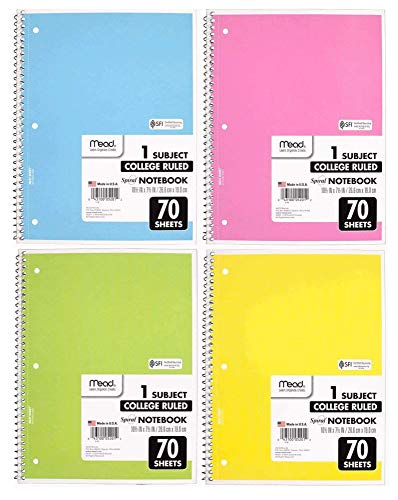 Mead Spiral Notebook 4 Pack of 1-Subject College Ruled, Pastel Color COLOR WILL VARY, Spiral Bound Notebooks, Cute school Notebooks 70 Pages