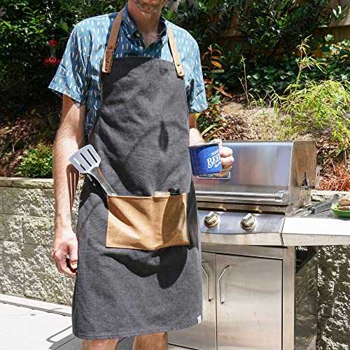 Foster & Rye Grilling Apron with Pocket, Canvas Apron for Men with Adjustable Strap, BBQ & Grill Accessories for Indoor & Outdoor Cooking, 35" x 26.75", Black