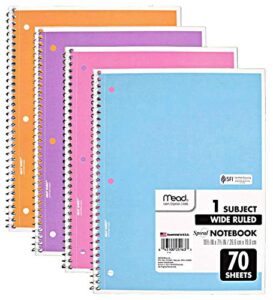 mead spiral notebook, 4 pack of 1-subject wide ruled 70 sheet spiral bound notebooks, pastel colors, color will vary