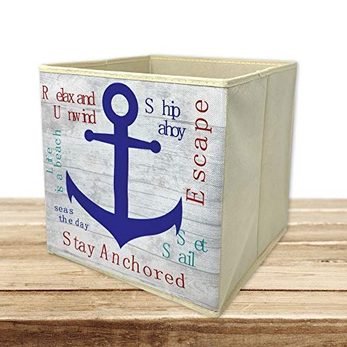 Nautical Anchor Collapsible Storage Box Beach Themed Home Organizer Folding Polyester Toy and Craft Container 12" x 12" x 12'