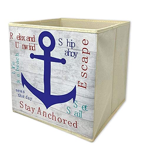 Nautical Anchor Collapsible Storage Box Beach Themed Home Organizer Folding Polyester Toy and Craft Container 12" x 12" x 12'