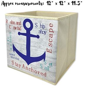 Nautical Anchor Collapsible Storage Box Beach Themed Home Organizer Folding Polyester Toy and Craft Container 12" x 12" x 12'