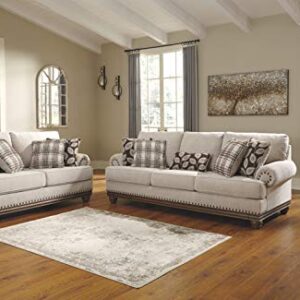 Signature Design by Ashley Harleson Modern Farmhouse Loveseat with Nailhead Trim and 4 Accent Pillows, Beige