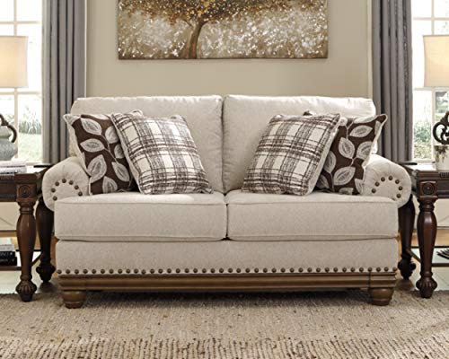 Signature Design by Ashley Harleson Modern Farmhouse Loveseat with Nailhead Trim and 4 Accent Pillows, Beige