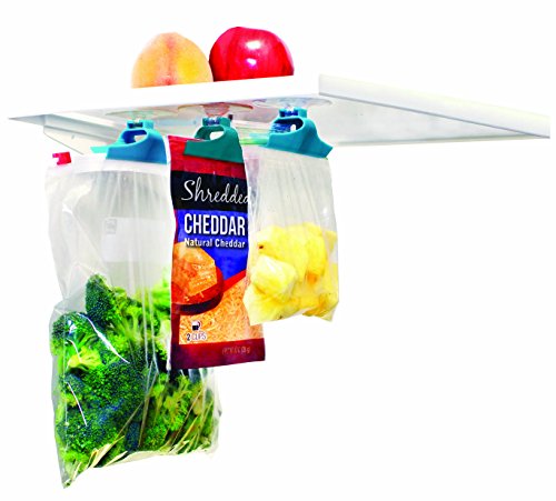 Zip Bag Holder, Best Fridge Storage Hack - Suction Cups Hold Baggies Under Refrigerator Shelves for Easy Removal, Just Slide In or Out of Clip, Holds Up to One Gallon Zip or Freezer Baggy (2 pack)