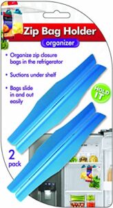 zip bag holder, best fridge storage hack - suction cups hold baggies under refrigerator shelves for easy removal, just slide in or out of clip, holds up to one gallon zip or freezer baggy (2 pack)