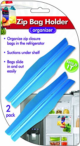 Zip Bag Holder, Best Fridge Storage Hack - Suction Cups Hold Baggies Under Refrigerator Shelves for Easy Removal, Just Slide In or Out of Clip, Holds Up to One Gallon Zip or Freezer Baggy (2 pack)