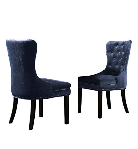 Iconic Home Diana Dining Side Accent Chair Button Tufted Velvet Upholstery Nail Head Trim Tapered Espresso Wood Legs, Modern Transitional, Set of 2, Blue
