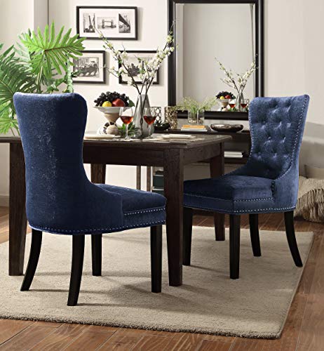 Iconic Home Diana Dining Side Accent Chair Button Tufted Velvet Upholstery Nail Head Trim Tapered Espresso Wood Legs, Modern Transitional, Set of 2, Blue