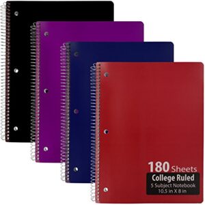 emraw 5 subject notebook spiral with 180 sheets of college ruled white paper - set includes: red, black, purple, & blue covers (random 3 pack)