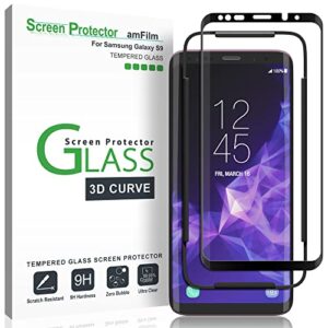 amfilm glass screen protector for galaxy s9, samsung galaxy s9, 3d curved tempered glass, dot matrix with easy installation tray, case friendly (black), microfiber, 1 pack