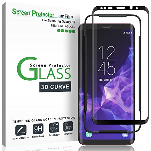 amFilm Glass Screen Protector for Galaxy S9, Samsung Galaxy S9, 3D Curved Tempered Glass, Dot Matrix with Easy Installation Tray, Case Friendly (Black), Microfiber, 1 Pack