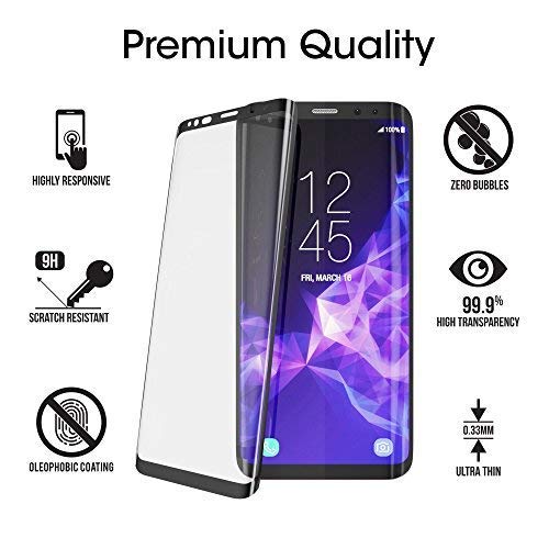 amFilm Glass Screen Protector for Galaxy S9, Samsung Galaxy S9, 3D Curved Tempered Glass, Dot Matrix with Easy Installation Tray, Case Friendly (Black), Microfiber, 1 Pack