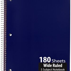 Emraw 5 Subject Notebook Spiral with 180 Sheets of Wide Ruled White Paper - Set Includes: Red, Black, Purple, & Blue Covers (Random 2-Pack)