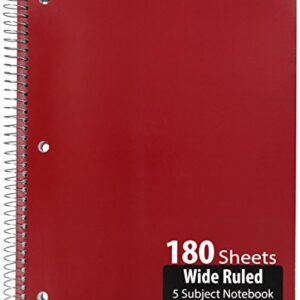 Emraw 5 Subject Notebook Spiral with 180 Sheets of Wide Ruled White Paper - Set Includes: Red, Black, Purple, & Blue Covers (Random 2-Pack)