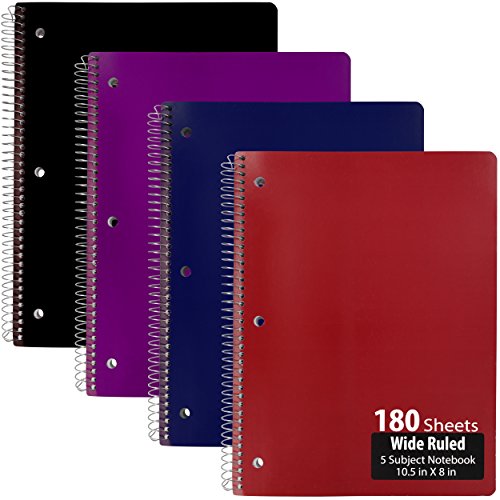 Emraw 5 Subject Notebook Spiral with 180 Sheets of Wide Ruled White Paper - Set Includes: Red, Black, Purple, & Blue Covers (Random 2-Pack)