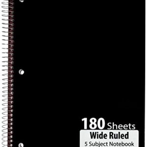 Emraw 5 Subject Notebook Spiral with 180 Sheets of Wide Ruled White Paper - Set Includes: Red, Black, Purple, & Blue Covers (Random 2-Pack)