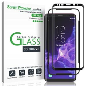 amfilm glass screen protector for samsung galaxy s9 plus, 3d curved tempered glass, dot matrix with easy installation tray, case friendly (black)