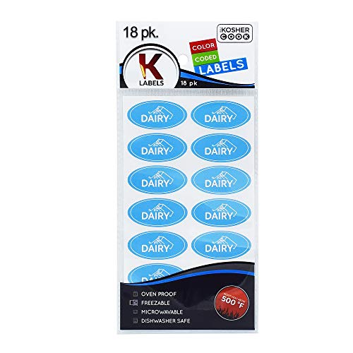 18 Dairy Blue Kosher Labels – Oven Proof up to 500°, Freezable, Microwavable, Dishwasher Safe, English – Color Coded Kitchen Stickers by The Kosher Cook