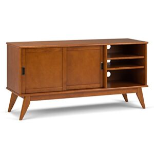 simplihome draper solid hardwood 60 inch wide mid century modern tv media stand in teak brown for tvs up to 65 inches, for the living room and entertainment center