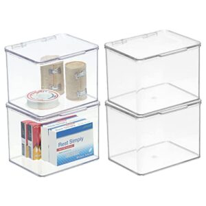 mdesign plastic bathroom storage organizer box with hinge lid for closet, shelf, cupboard, or vanity, hold medicine, soap, lotion, cotton swabs, masks, styling tools, lumiere collection, 4 pack, clear