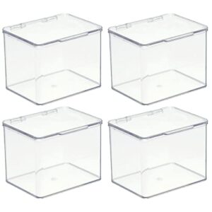 mDesign Plastic Bathroom Storage Organizer Box with Hinge Lid for Closet, Shelf, Cupboard, or Vanity, Hold Medicine, Soap, Lotion, Cotton Swabs, Masks, Styling Tools, Lumiere Collection, 4 Pack, Clear