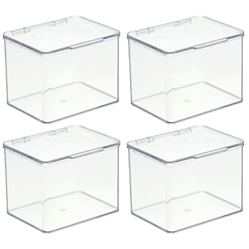 mDesign Plastic Bathroom Storage Organizer Box with Hinge Lid for Closet, Shelf, Cupboard, or Vanity, Hold Medicine, Soap, Lotion, Cotton Swabs, Masks, Styling Tools, Lumiere Collection, 4 Pack, Clear