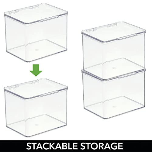 mDesign Plastic Bathroom Storage Organizer Box with Hinge Lid for Closet, Shelf, Cupboard, or Vanity, Hold Medicine, Soap, Lotion, Cotton Swabs, Masks, Styling Tools, Lumiere Collection, 4 Pack, Clear