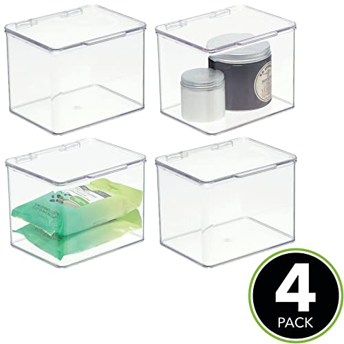 mDesign Plastic Bathroom Storage Organizer Box with Hinge Lid for Closet, Shelf, Cupboard, or Vanity, Hold Medicine, Soap, Lotion, Cotton Swabs, Masks, Styling Tools, Lumiere Collection, 4 Pack, Clear